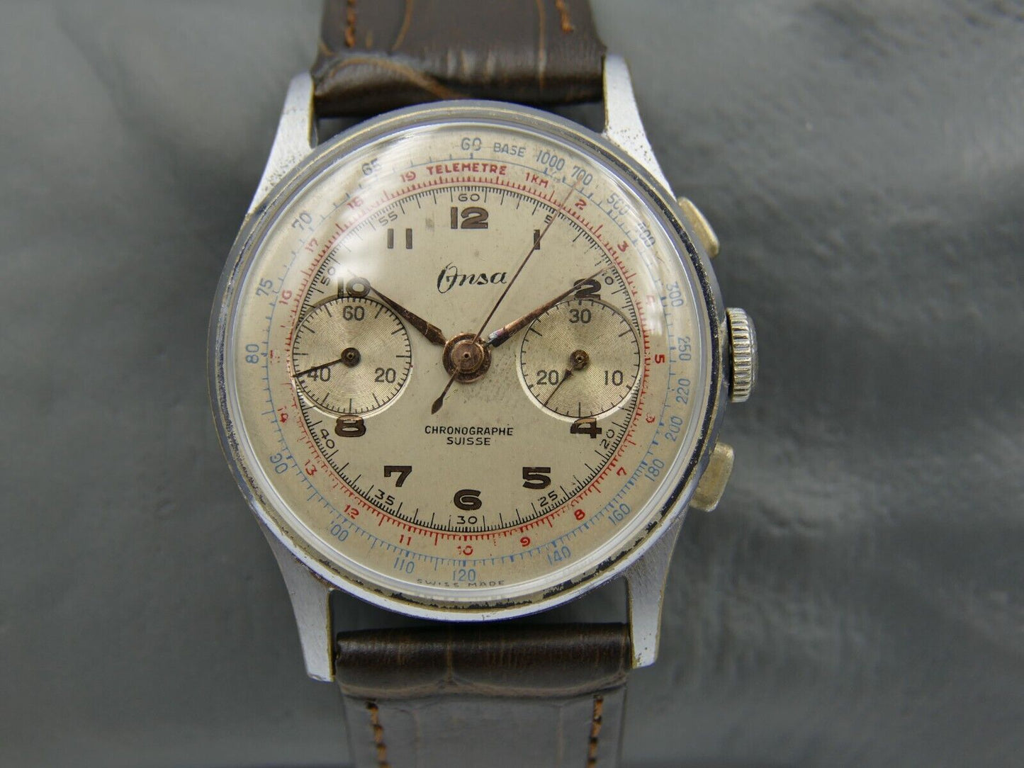 50's vintage watch mens ONSA chronograph landeron 48 serviced 36.5mm