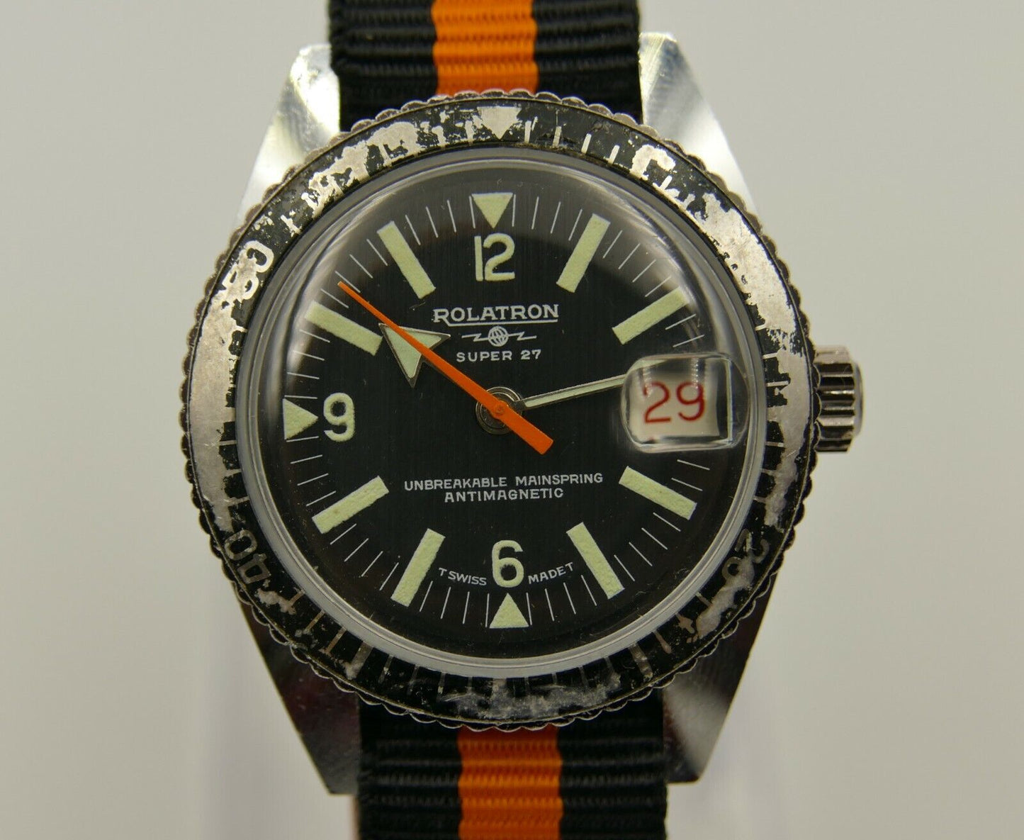 70's vintage watch mens ROLATRON SUPER 27 diver cal. BF 866 serviced 37mm RARE