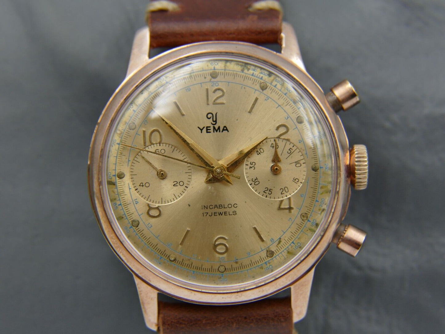 60's vintage watch mens Yema chronograph valjoux 92 rose gold PL serviced