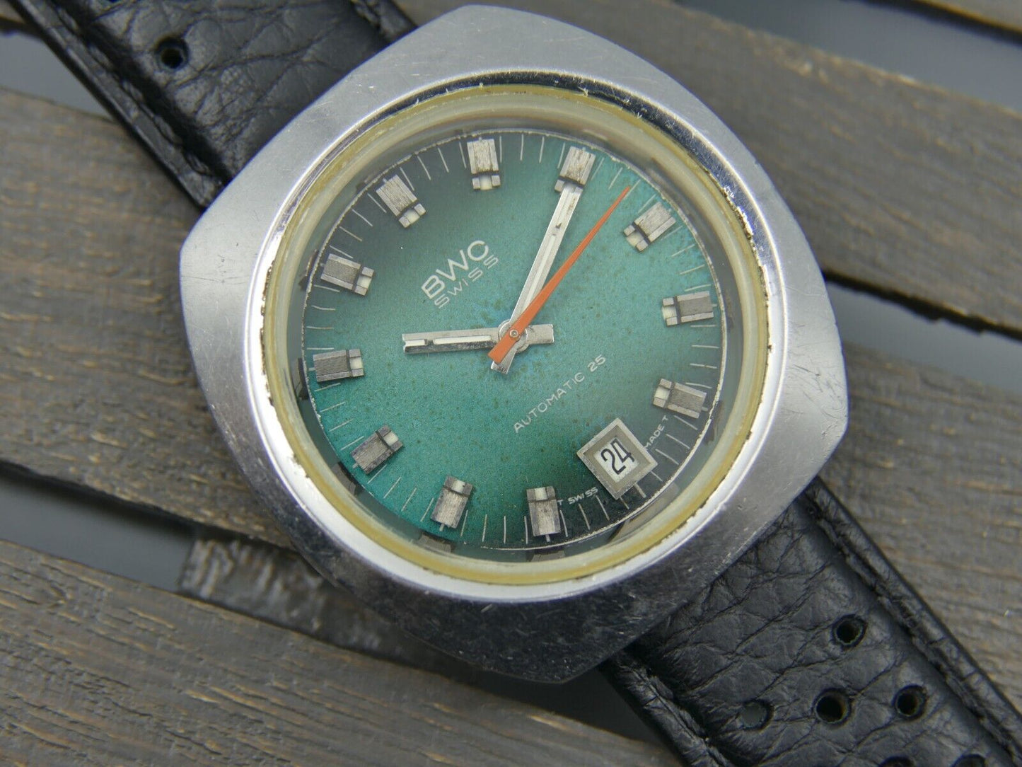 70's vintage watch mens BWC ref. 753093 automatic ETA 2783 green dial steel 38mm