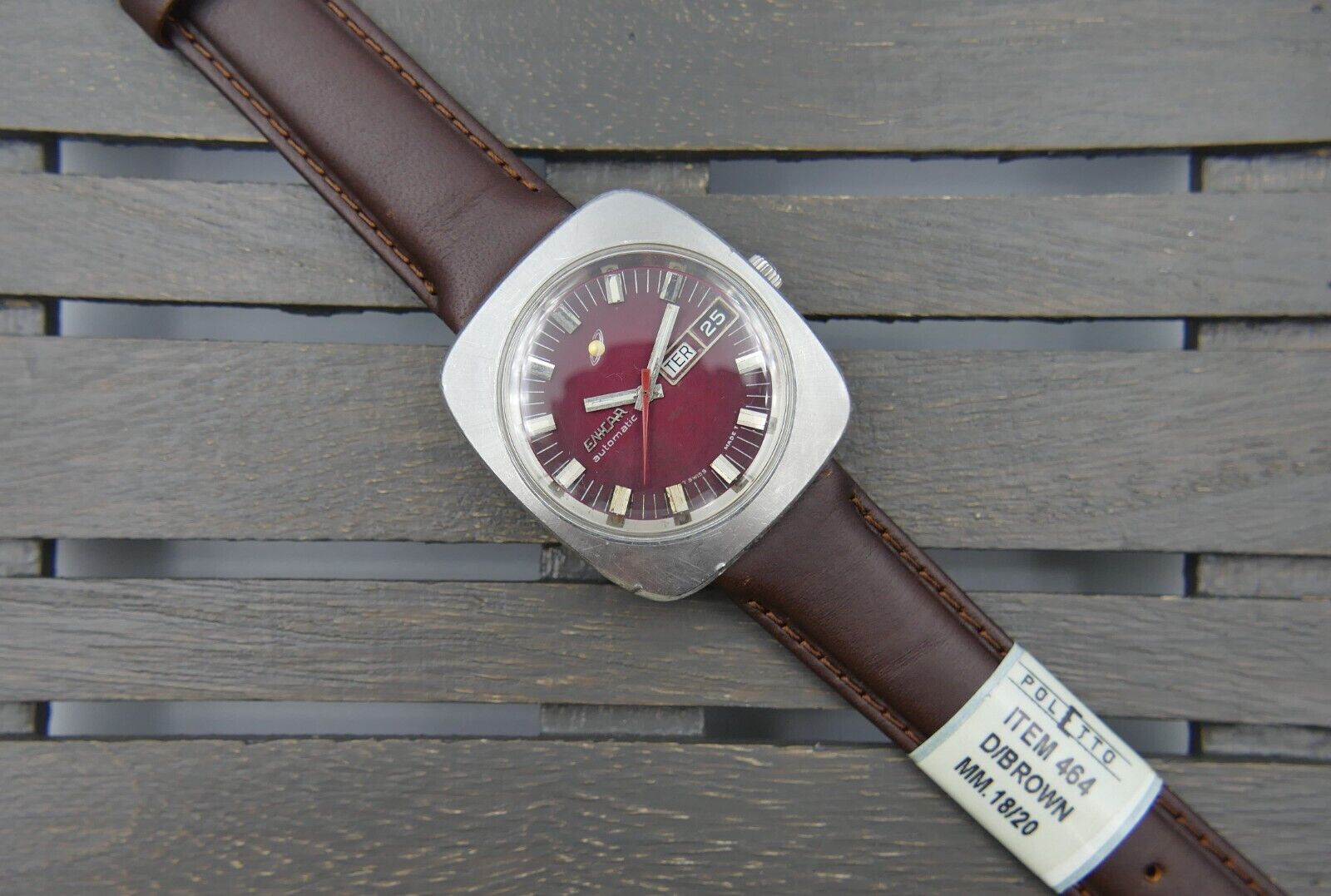 70's vintage watch mens Enicar  steel jumbo oversize burgundy automatic AR 167