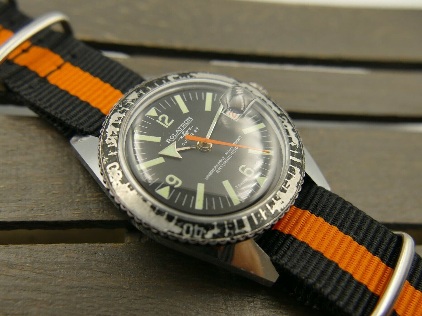 70's vintage watch mens ROLATRON SUPER 27 diver cal. BF 866 serviced 37mm RARE