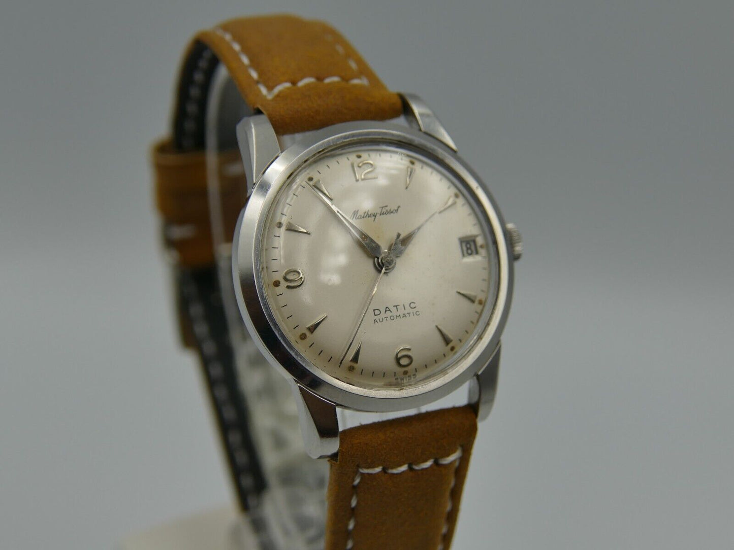 50's vintage watch mens Mathey Tissot Datic automatic AS 1555N rare steel 34mm