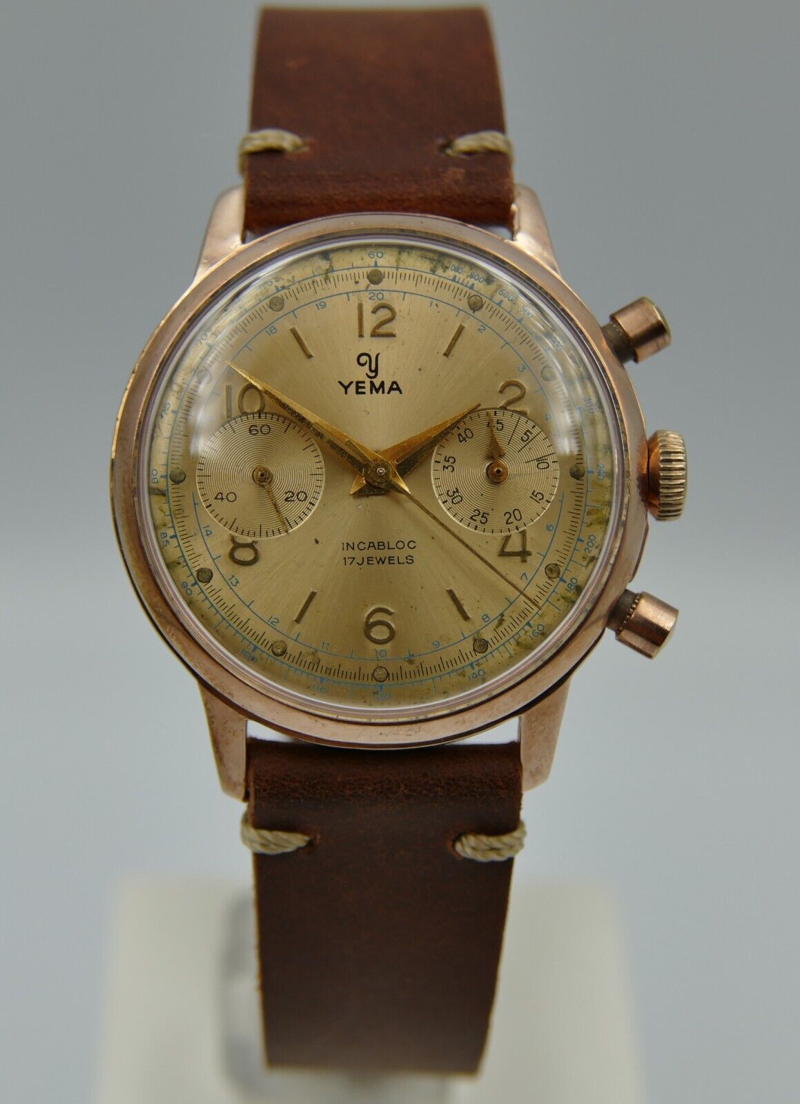 60's vintage watch mens Yema chronograph valjoux 92 rose gold PL serviced