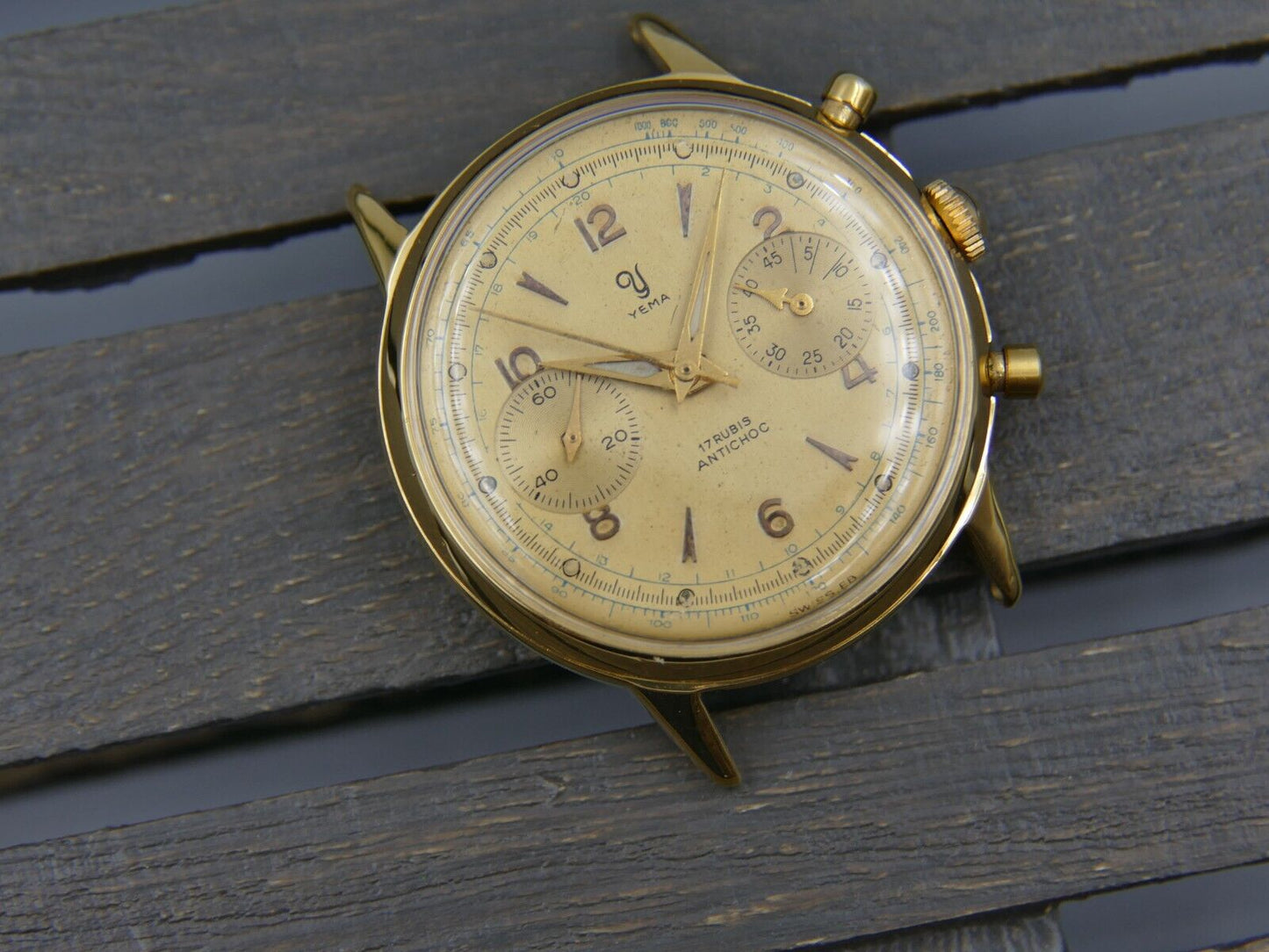 60's vintage watch mens Yema chronograph valjoux 92 gold PL serviced