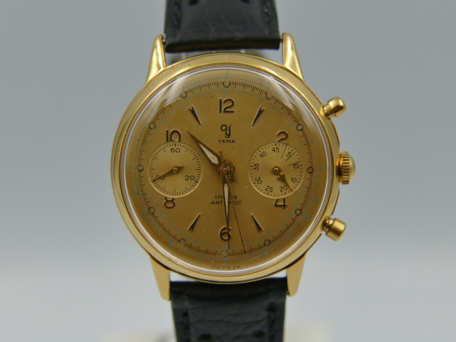 60's vintage watch mens Yema chronograph valjoux 92 gold PL serviced