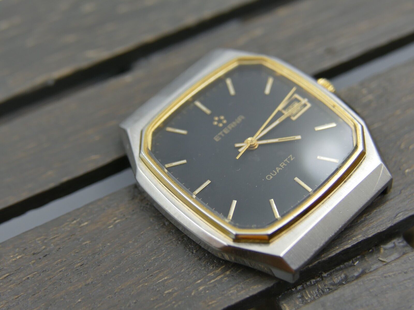 80's vintage watch mens Eterna ref. 113.4151.41 quartz Eta 955.411 steel & gold