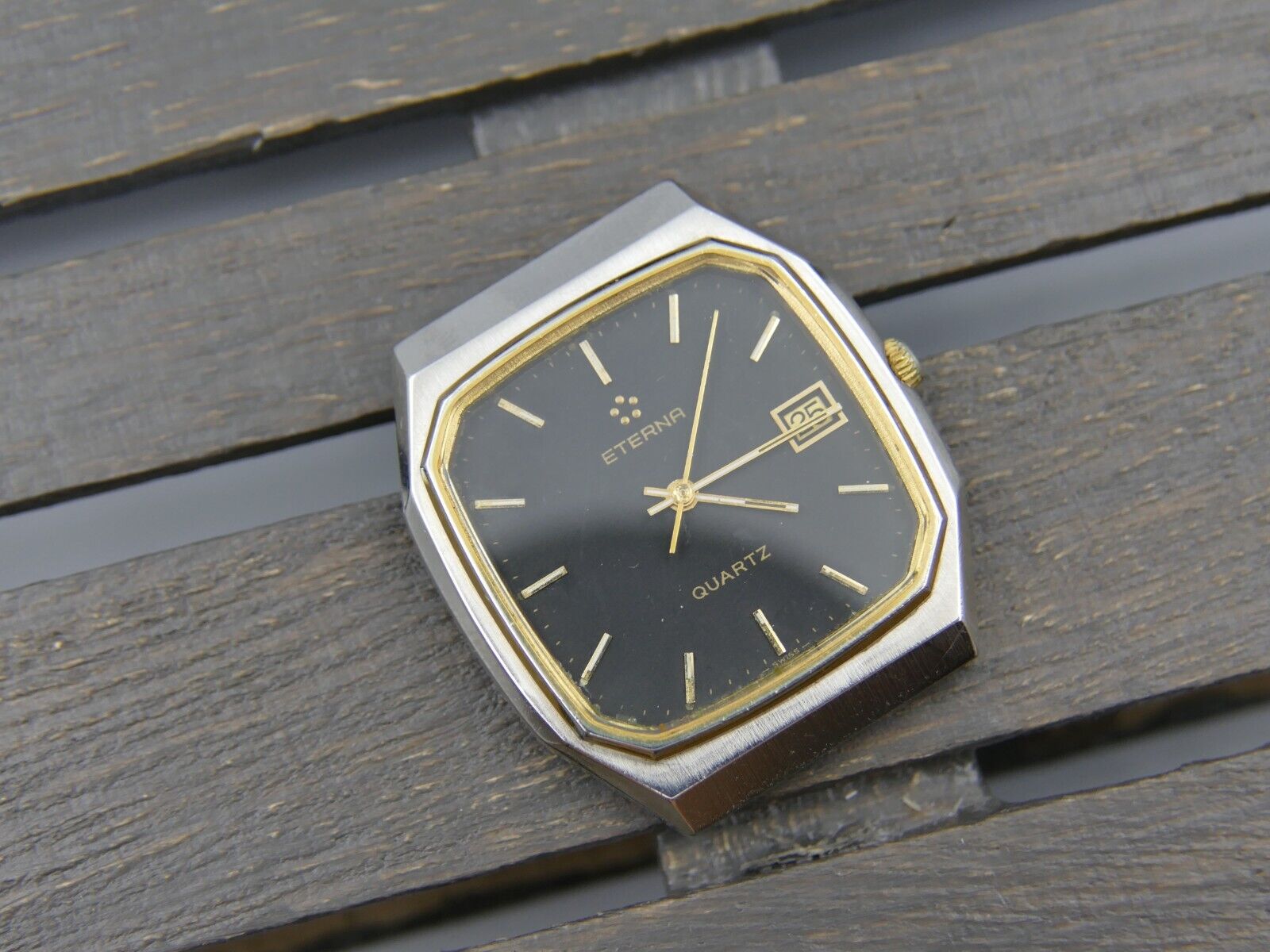 80's vintage watch mens Eterna ref. 113.4151.41 quartz Eta 955.411 steel & gold