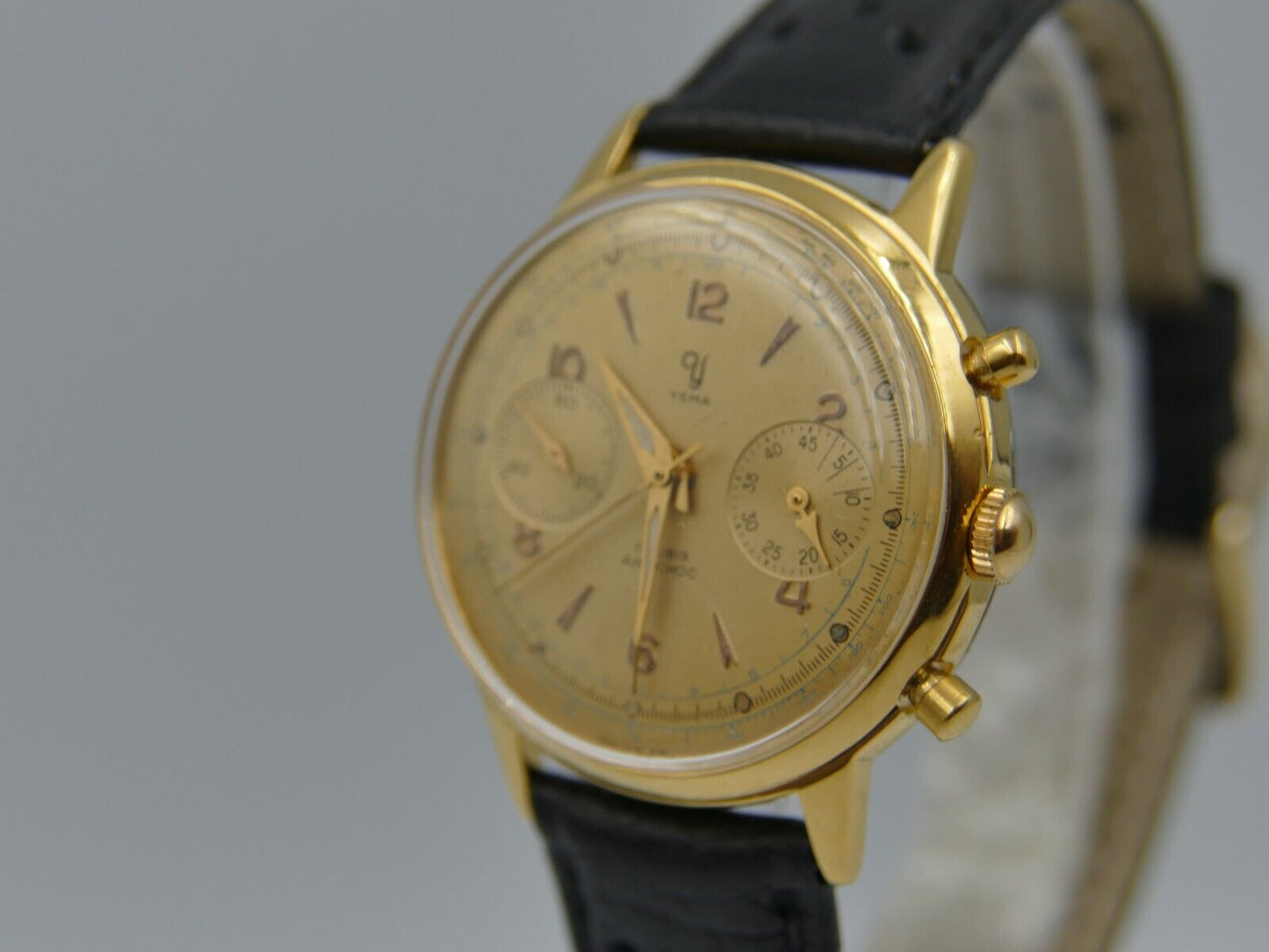 60's vintage watch mens Yema chronograph valjoux 92 gold PL serviced