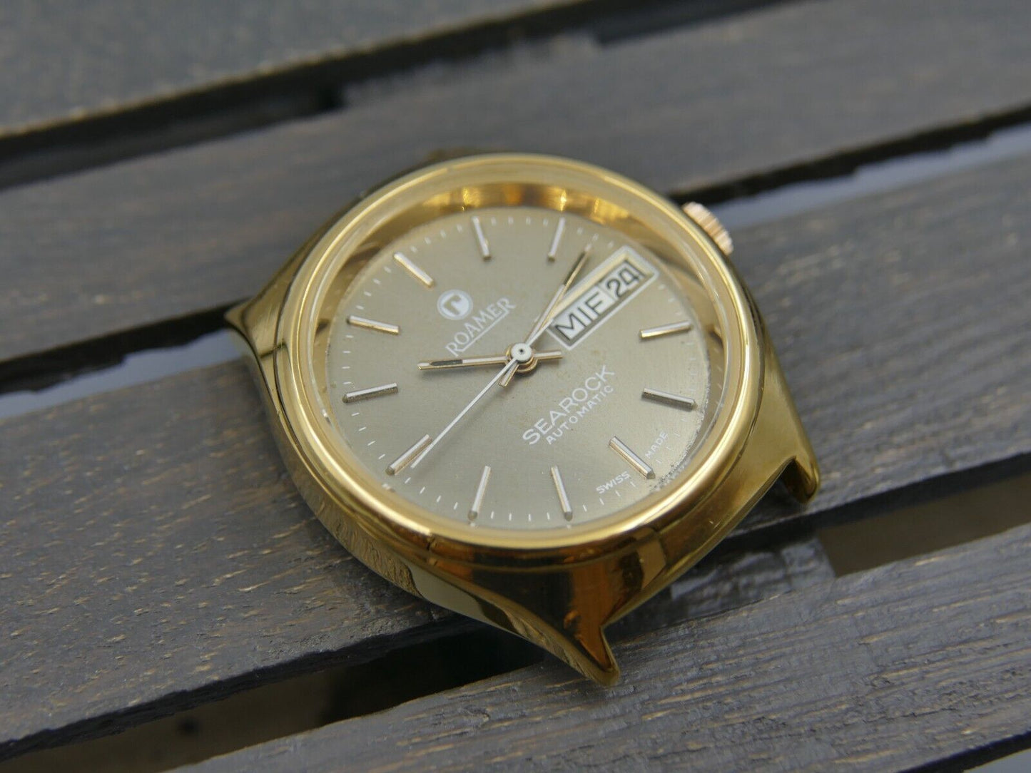 70's vintage watch mens Roamer Searock automatic day&date eta 2879 gold pl rare