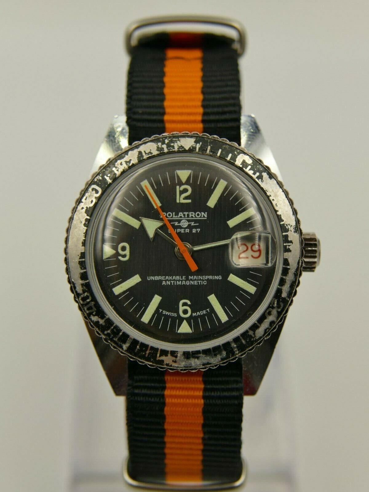 70's vintage watch mens ROLATRON SUPER 27 diver cal. BF 866 serviced 37mm RARE