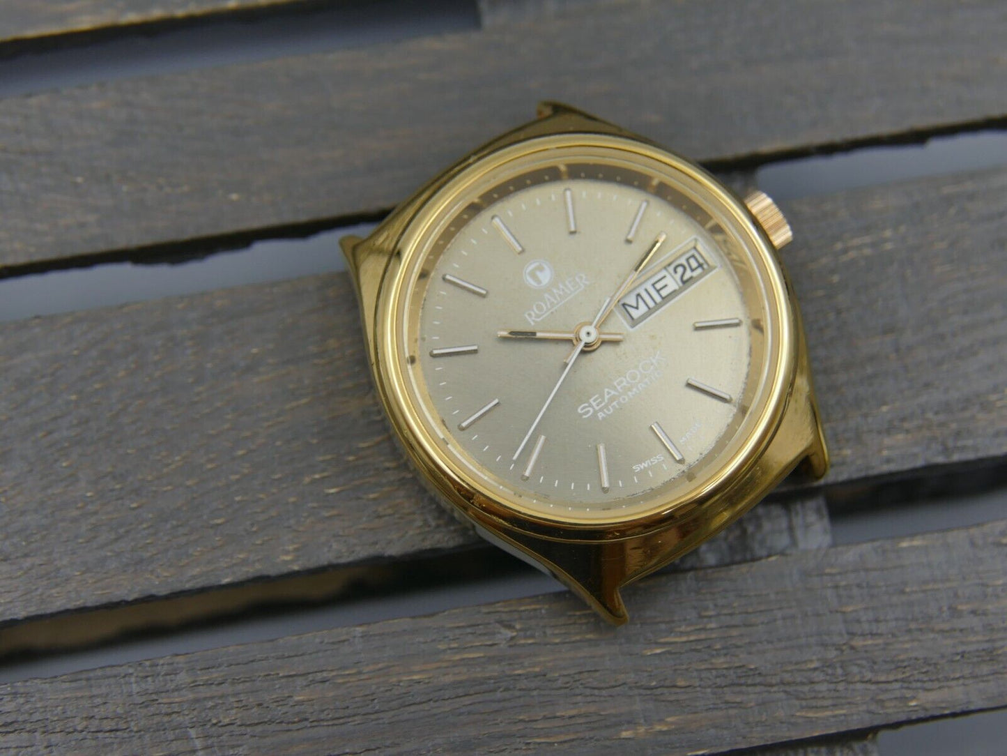 70's vintage watch mens Roamer Searock automatic day&date eta 2879 gold pl rare