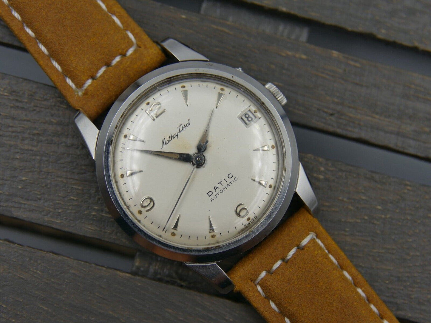 50's vintage watch mens Mathey Tissot Datic automatic AS 1555N rare steel 34mm