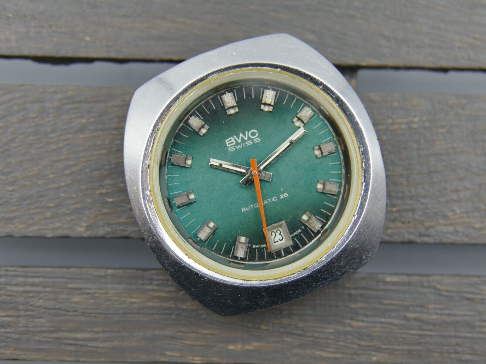 70's vintage watch mens BWC ref. 753093 automatic ETA 2783 green dial steel 38mm