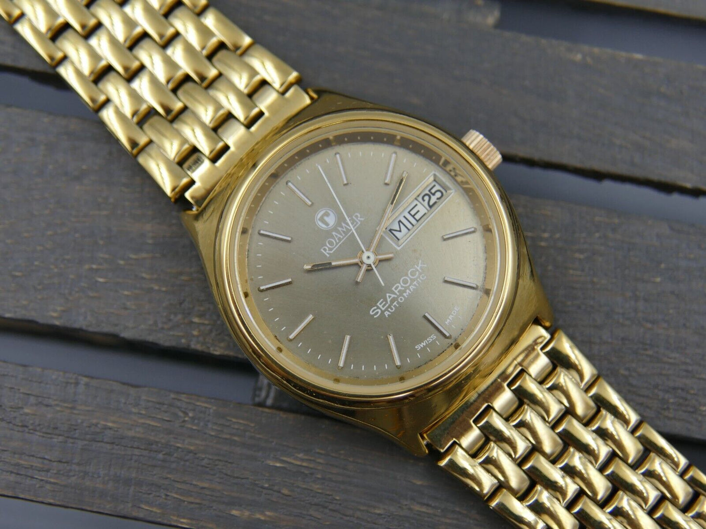 70's vintage watch mens Roamer Searock automatic day&date eta 2879 gold pl rare