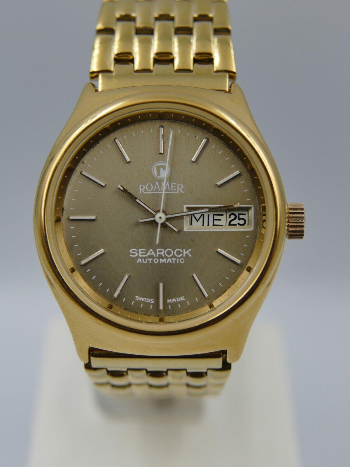 70's vintage watch mens Roamer Searock automatic day&date eta 2879 gold pl rare