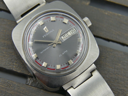 70's vintage watch mens Festina 10 ATM automatic AS 1916 steel dial gray / red