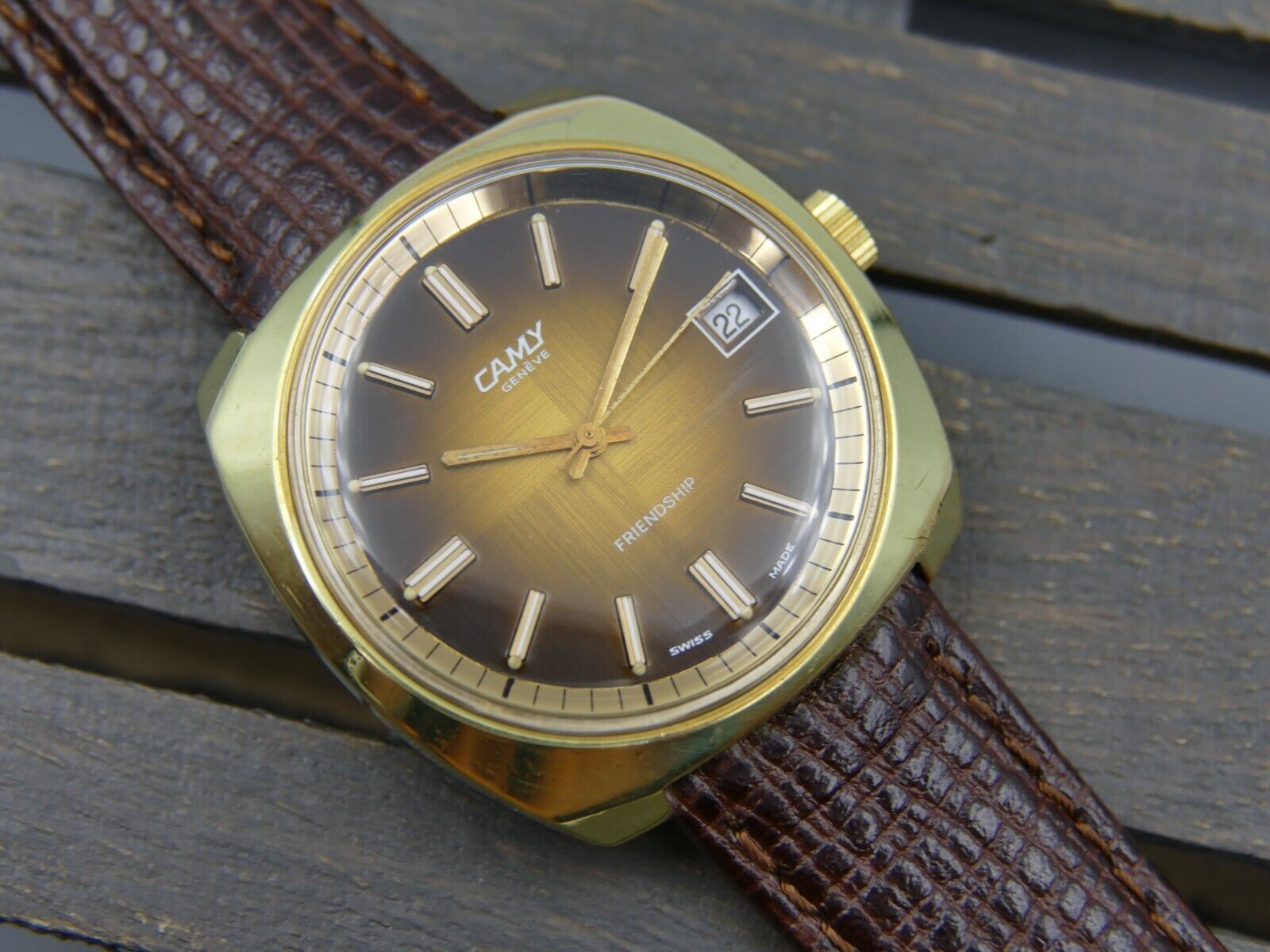 70's vintage watch mens Camy Geneva Friendship ref. 7327 brown brushed gold pl