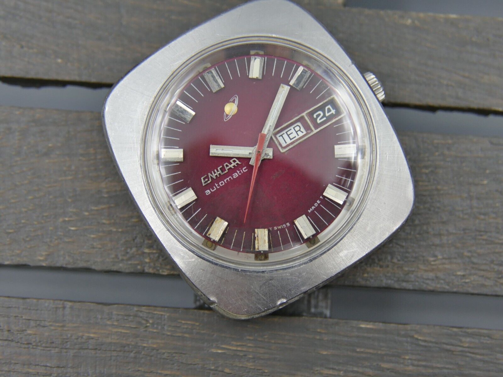 70's vintage watch mens Enicar  steel jumbo oversize burgundy automatic AR 167