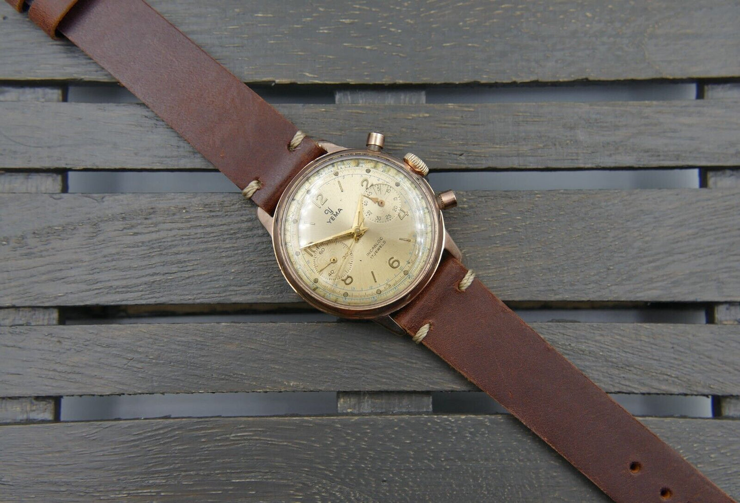 60's vintage watch mens Yema chronograph valjoux 92 rose gold PL serviced