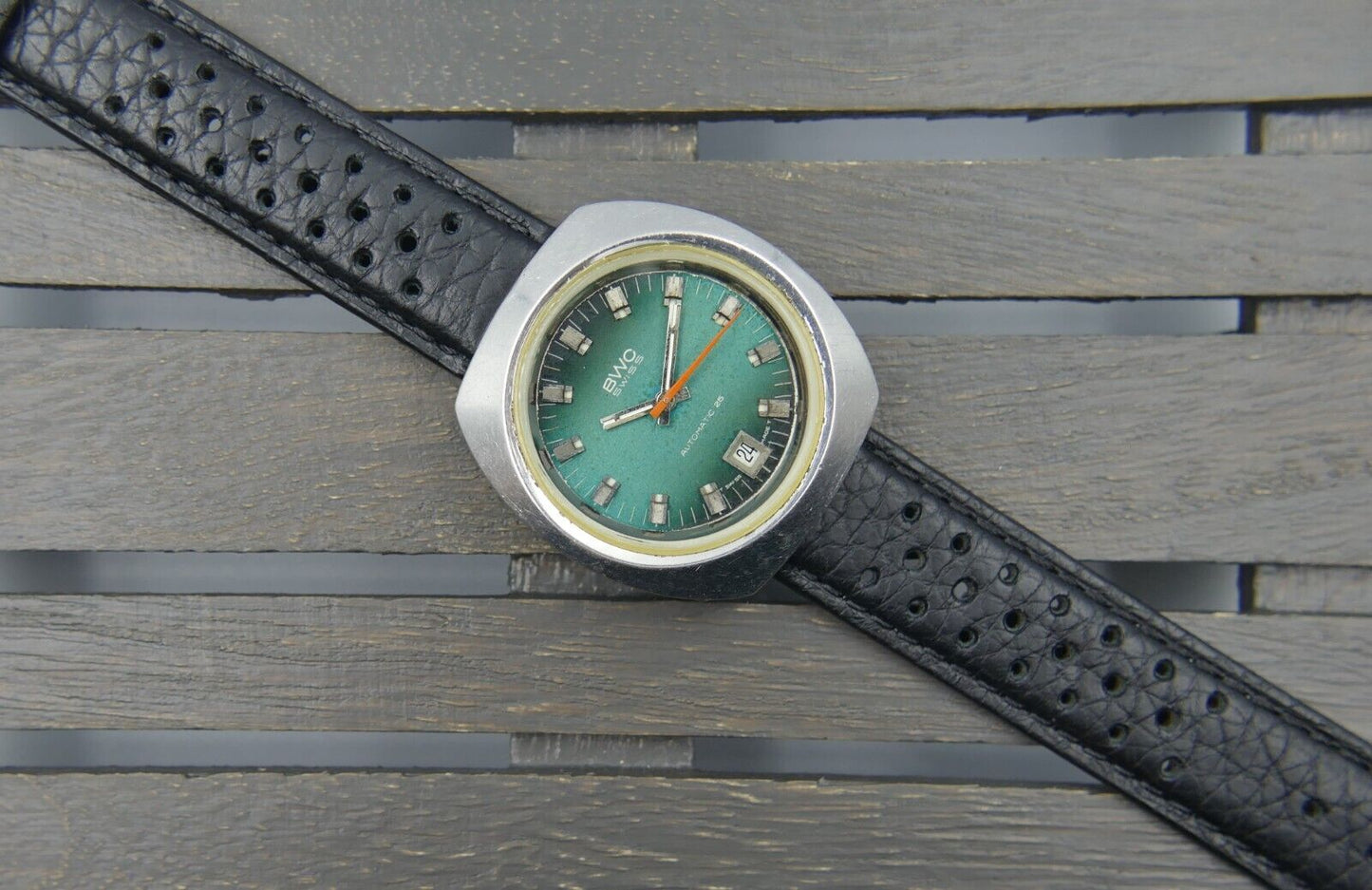 70's vintage watch mens BWC ref. 753093 automatic ETA 2783 green dial steel 38mm