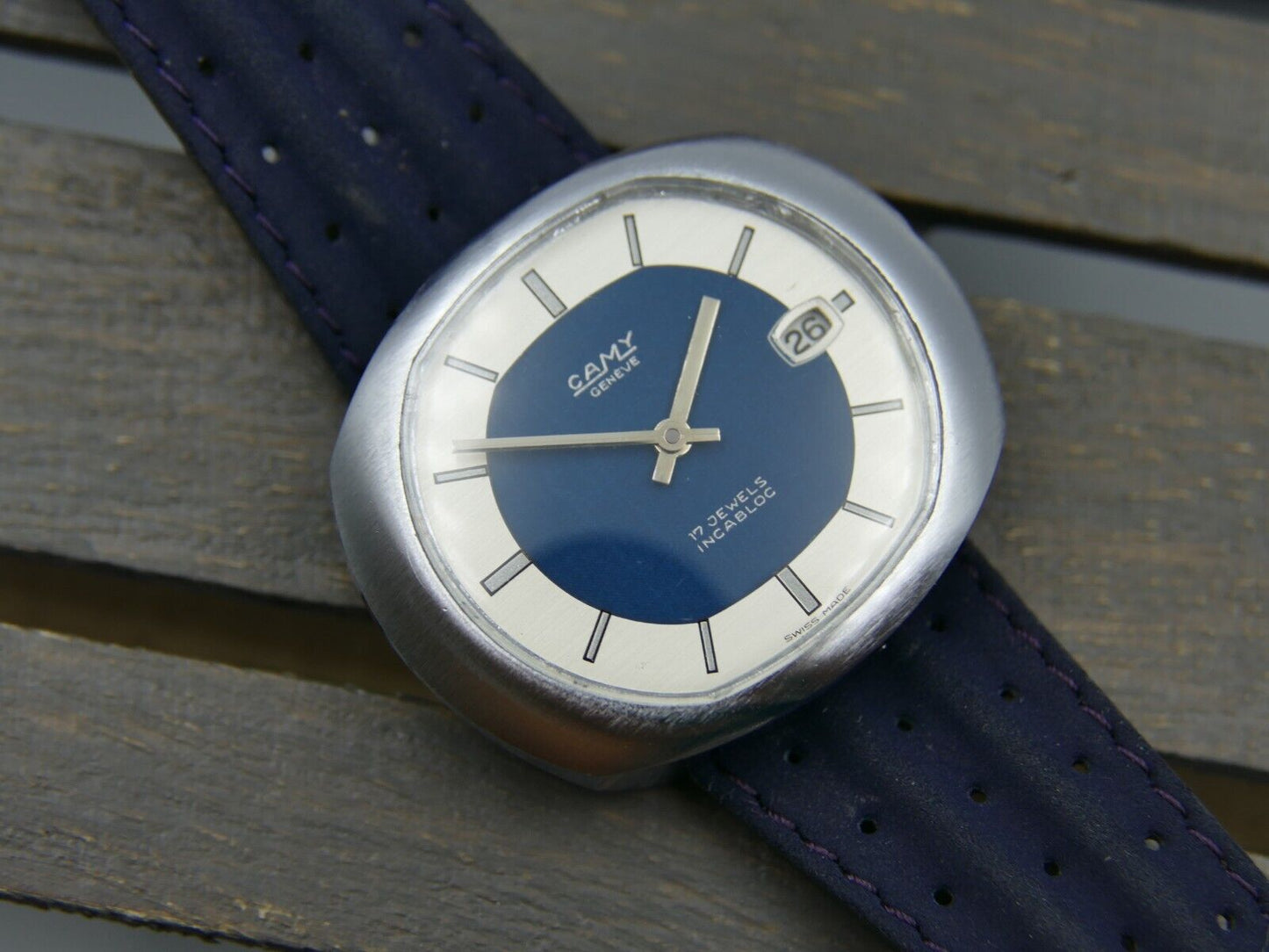 60's vintage watch mens mint Camy ref. 4722 manual wind FHF 81-2 blue dial