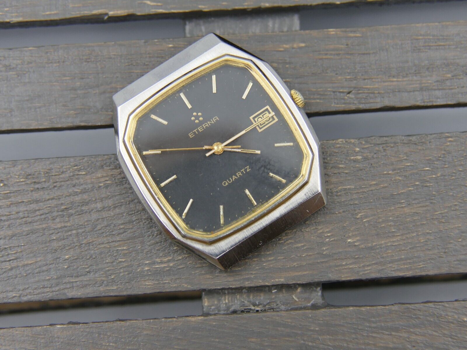 80's vintage watch mens Eterna ref. 113.4151.41 quartz Eta 955.411 steel & gold