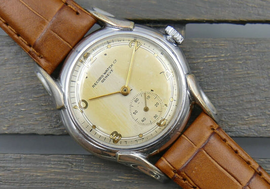 40's rare vintage watch mens Record Watch Cº Geneve manual wind cal 107 serviced