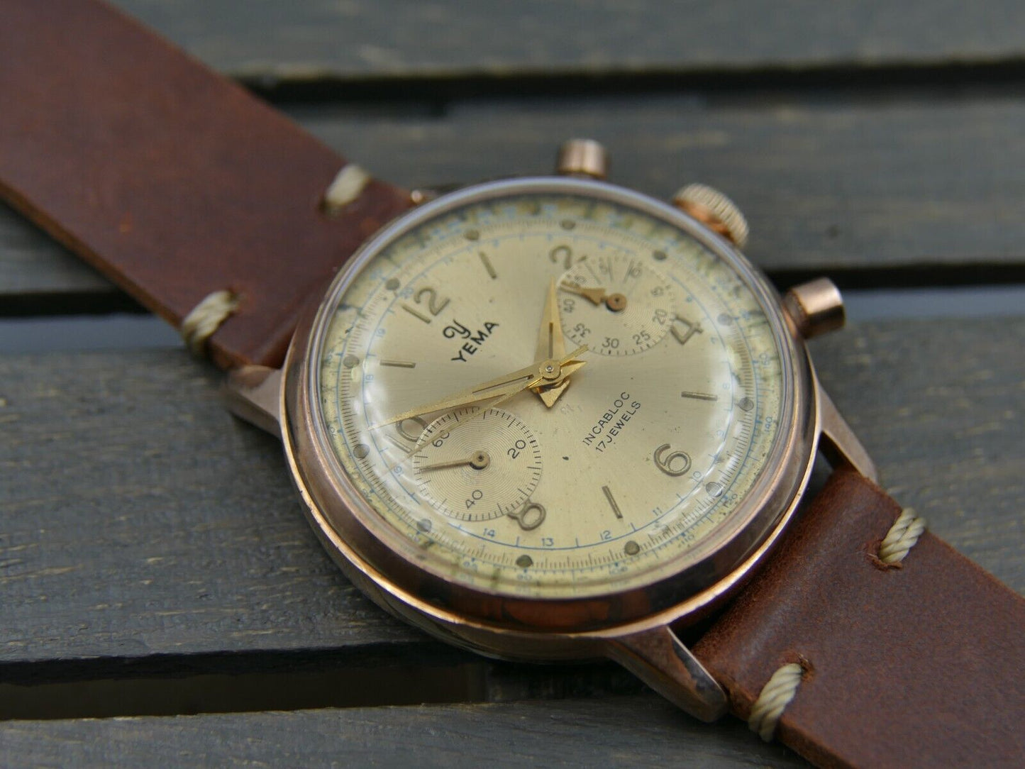 60's vintage watch mens Yema chronograph valjoux 92 rose gold PL serviced