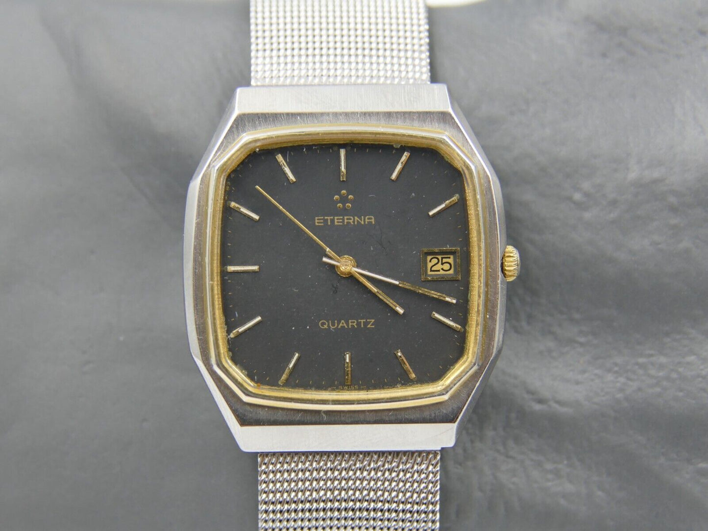 80's vintage watch mens Eterna ref. 113.4151.41 quartz Eta 955.411 steel & gold