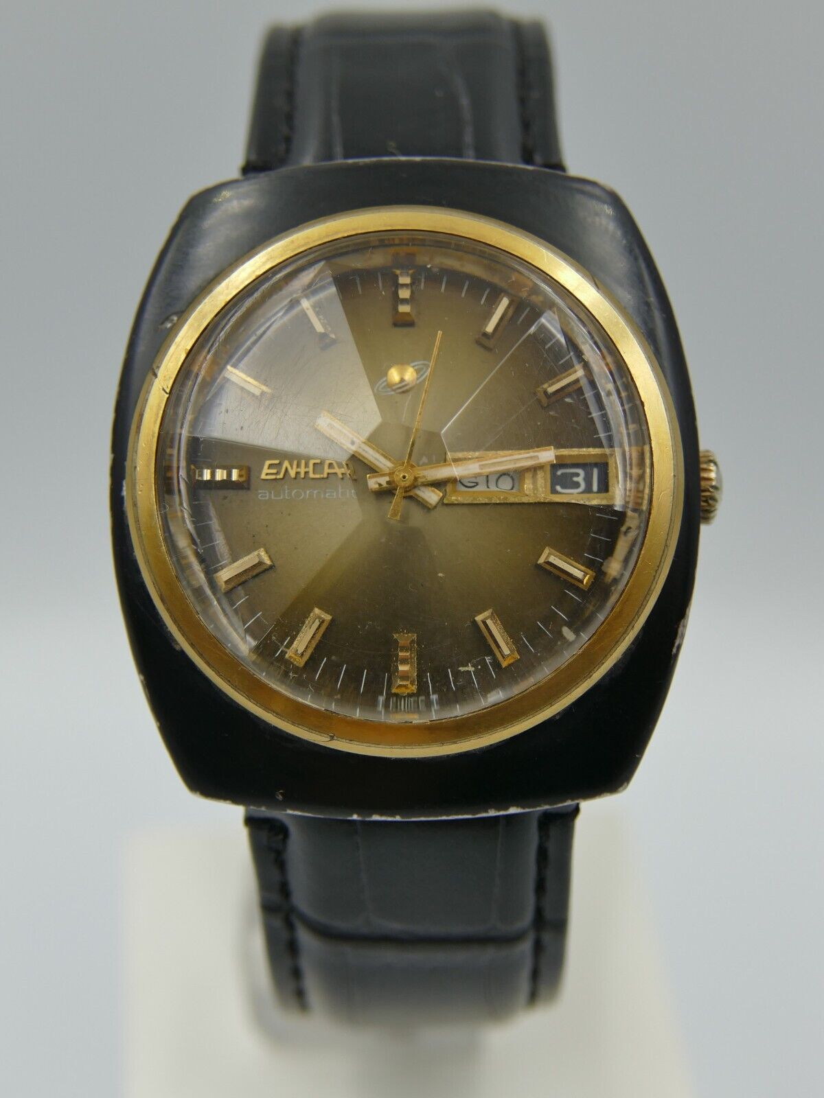 70's vintage watch mens big Enicar automatic AR 167 pvd black 38mm ref 167-01-36