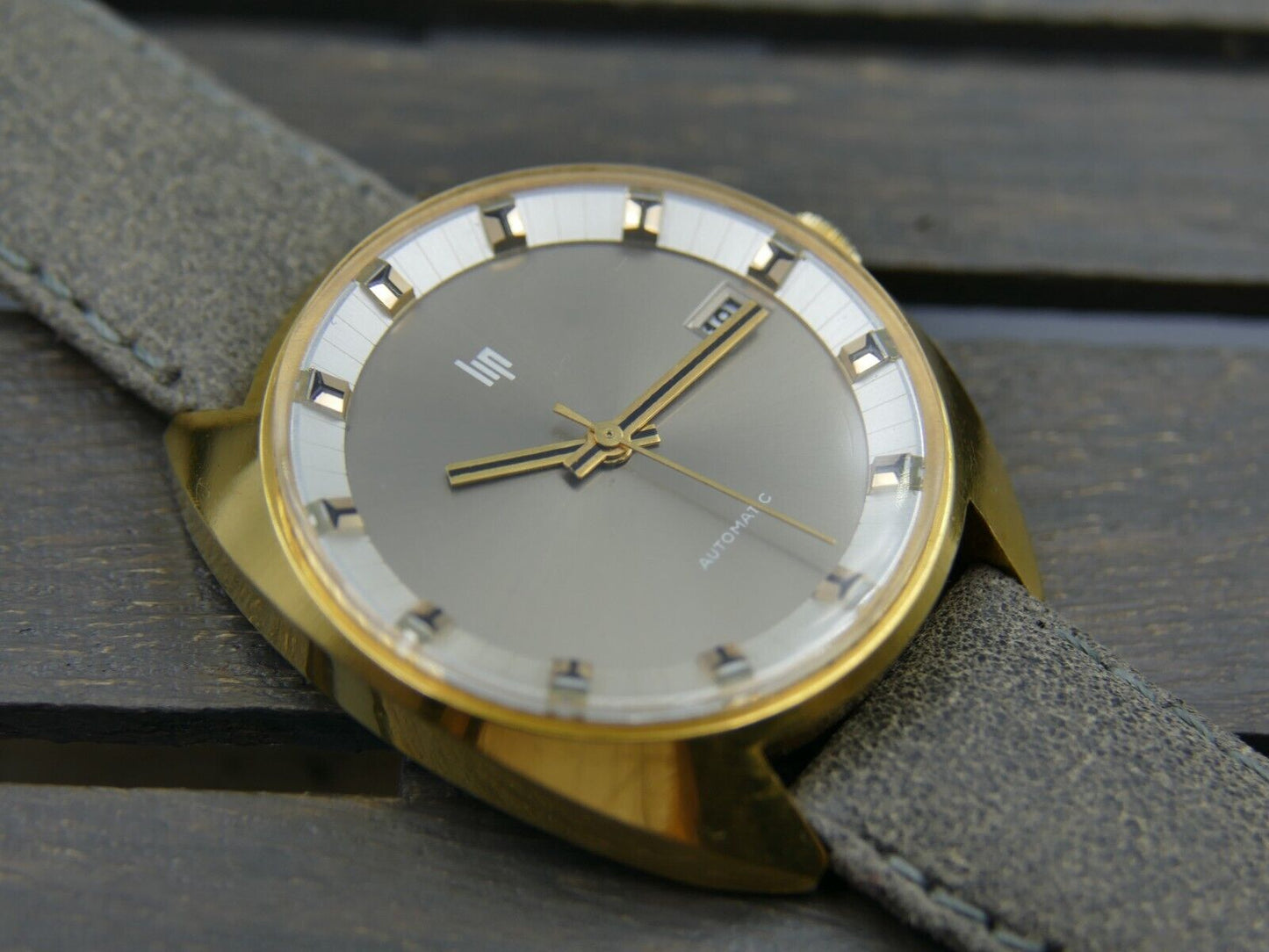 70s vintage watch mens LIP gray dial automatic Durowe 7525 2 gold pl 35mm c-case