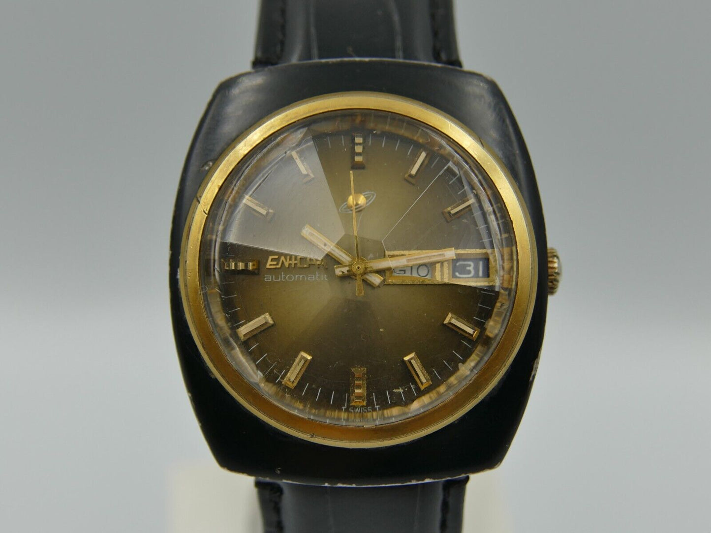 70's vintage watch mens big Enicar automatic AR 167 pvd black 38mm ref 167-01-36