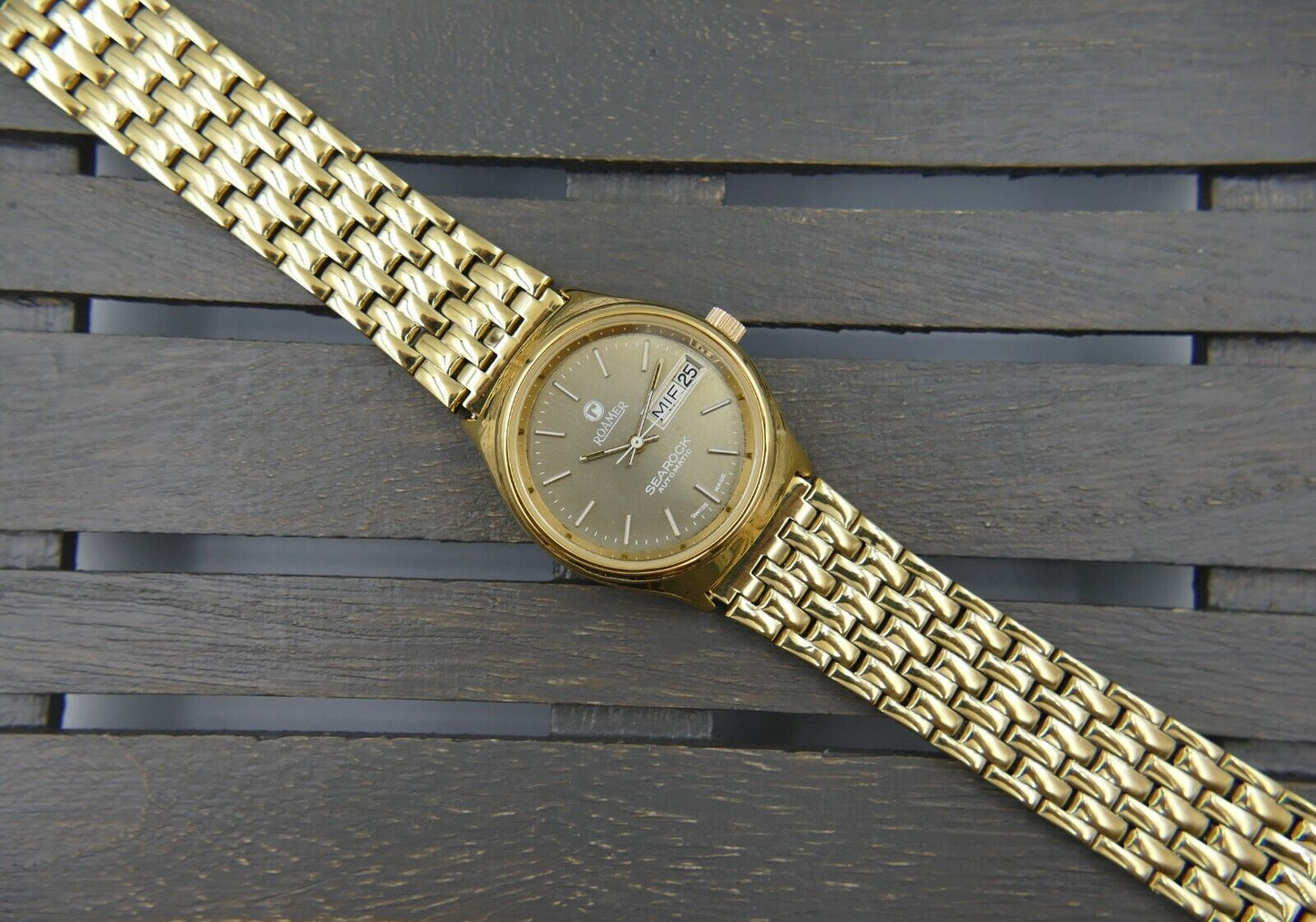 70's vintage watch mens Roamer Searock automatic day&date eta 2879 gold pl rare