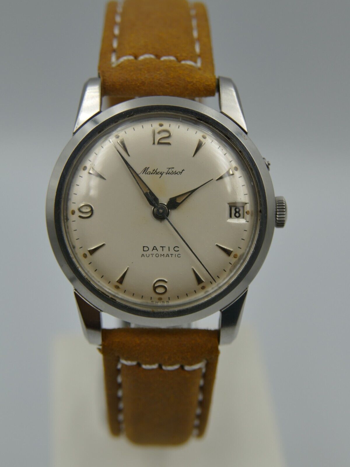 50's vintage watch mens Mathey Tissot Datic automatic AS 1555N rare steel 34mm