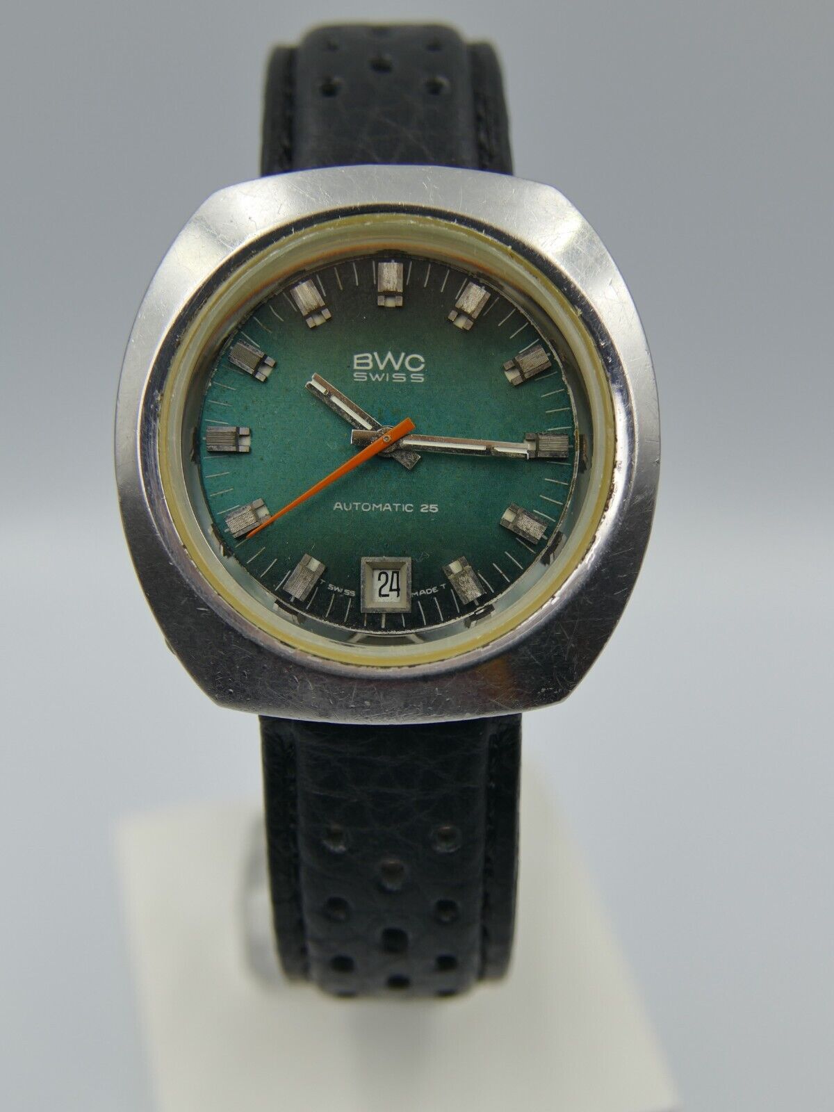 70's vintage watch mens BWC ref. 753093 automatic ETA 2783 green dial steel 38mm