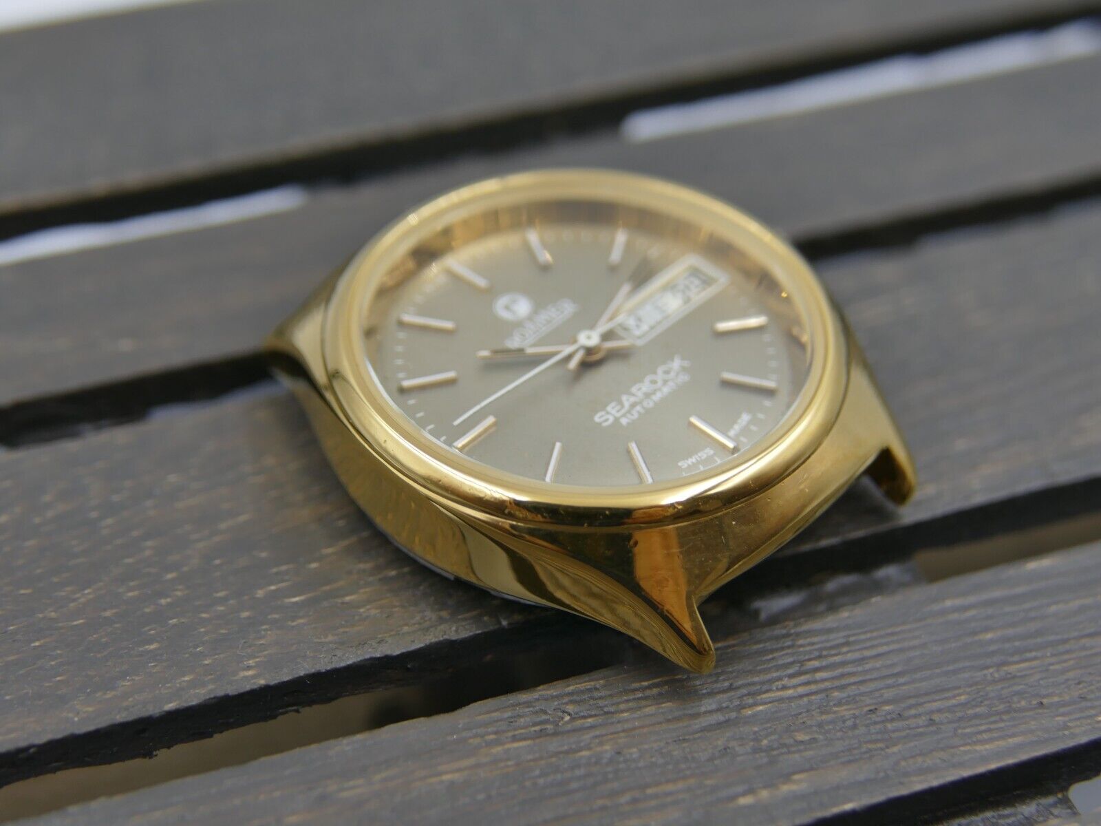 70's vintage watch mens Roamer Searock automatic day&date eta 2879 gold pl rare