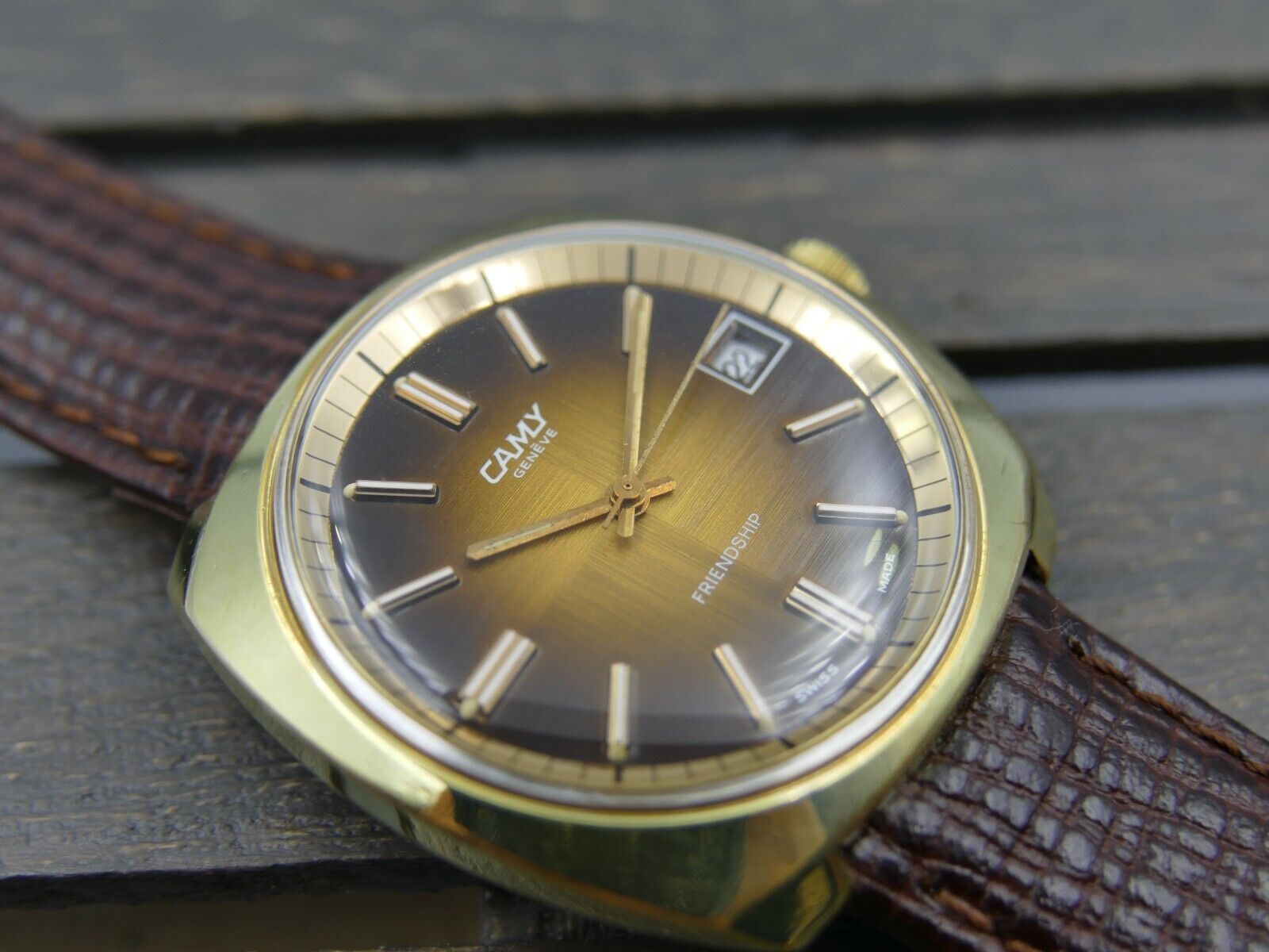 70's vintage watch mens Camy Geneva Friendship ref. 7327 brown brushed gold pl