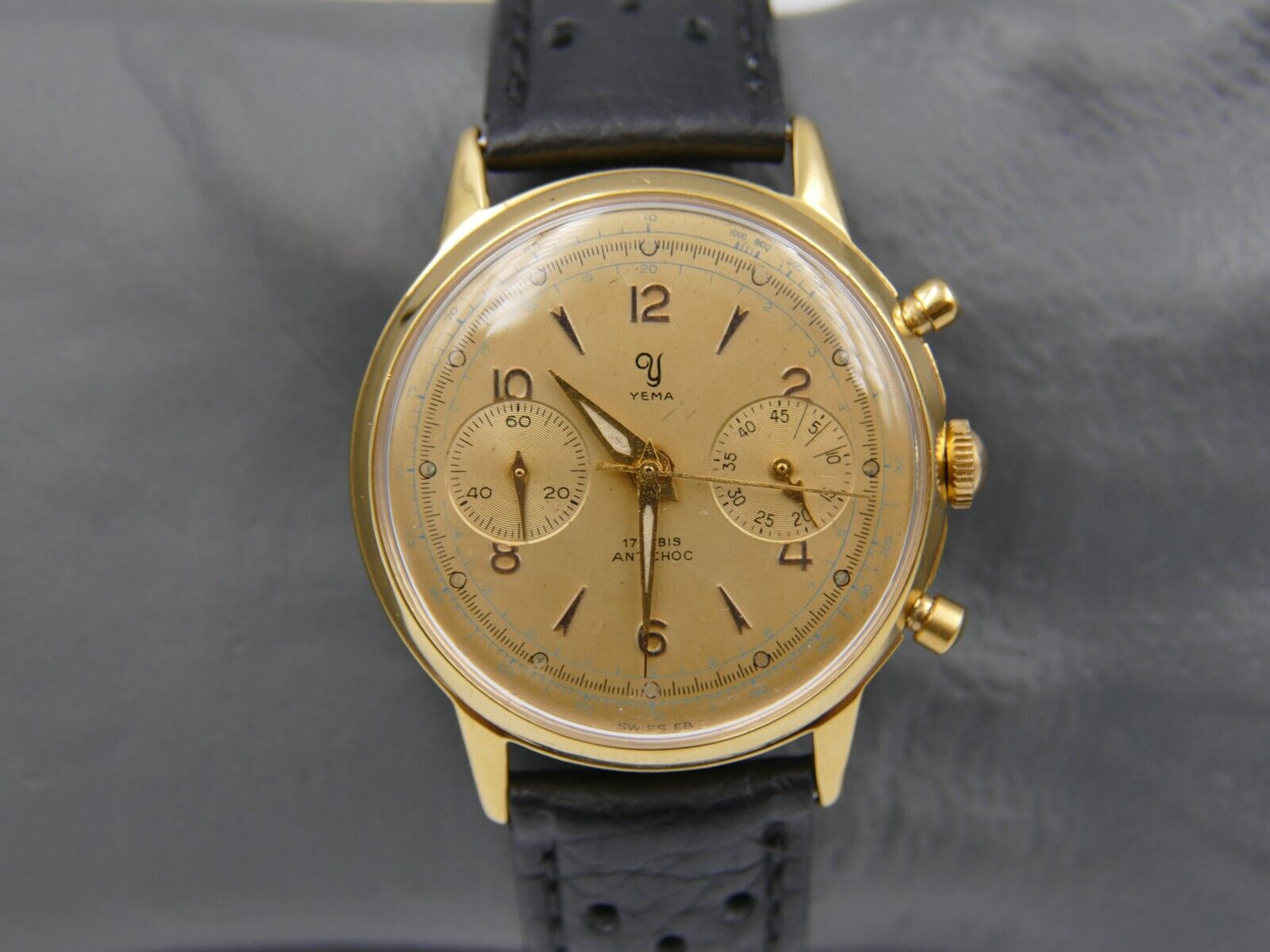 60's vintage watch mens Yema chronograph valjoux 92 gold PL serviced