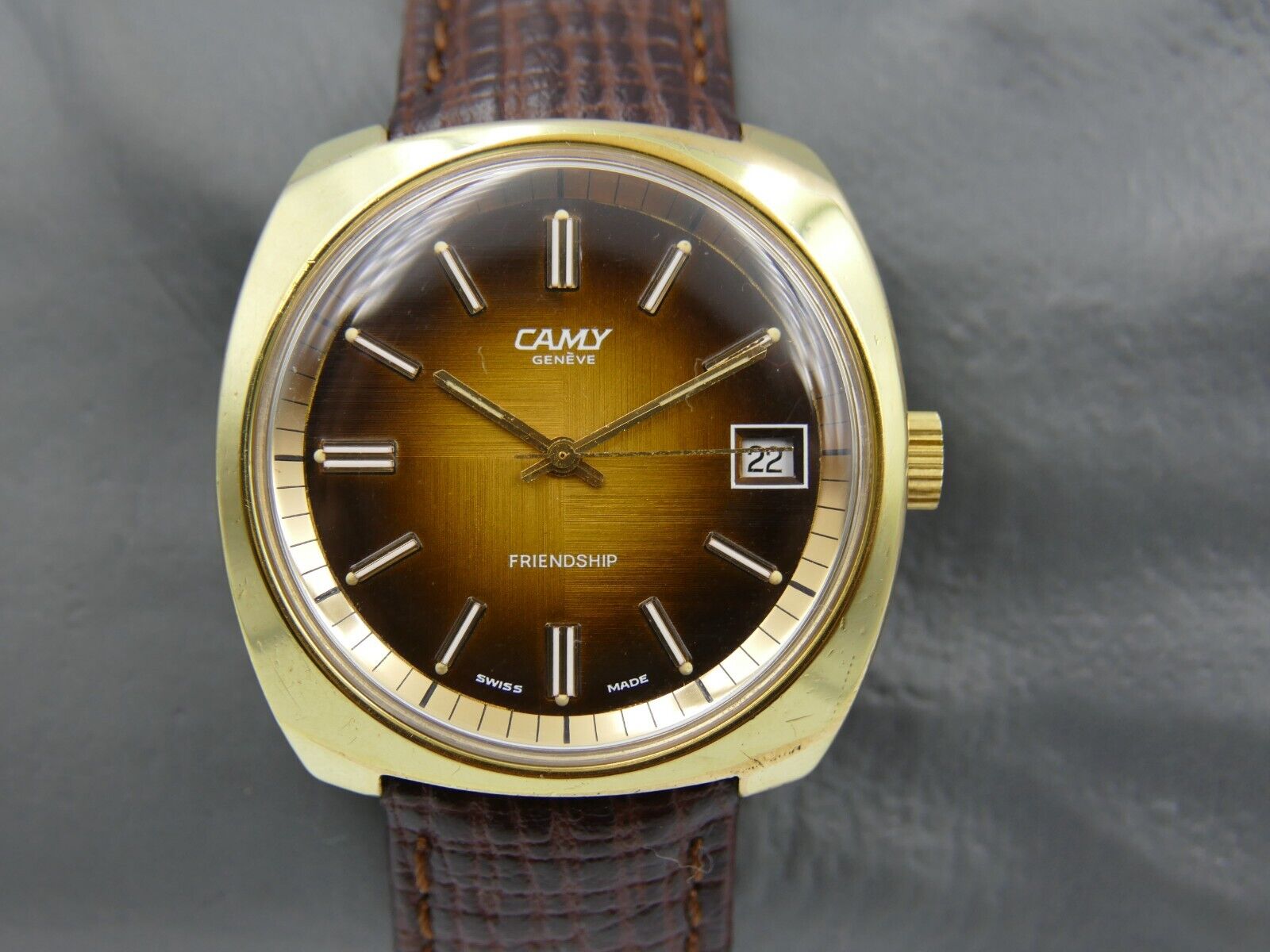 70's vintage watch mens Camy Geneva Friendship ref. 7327 brown brushed gold pl