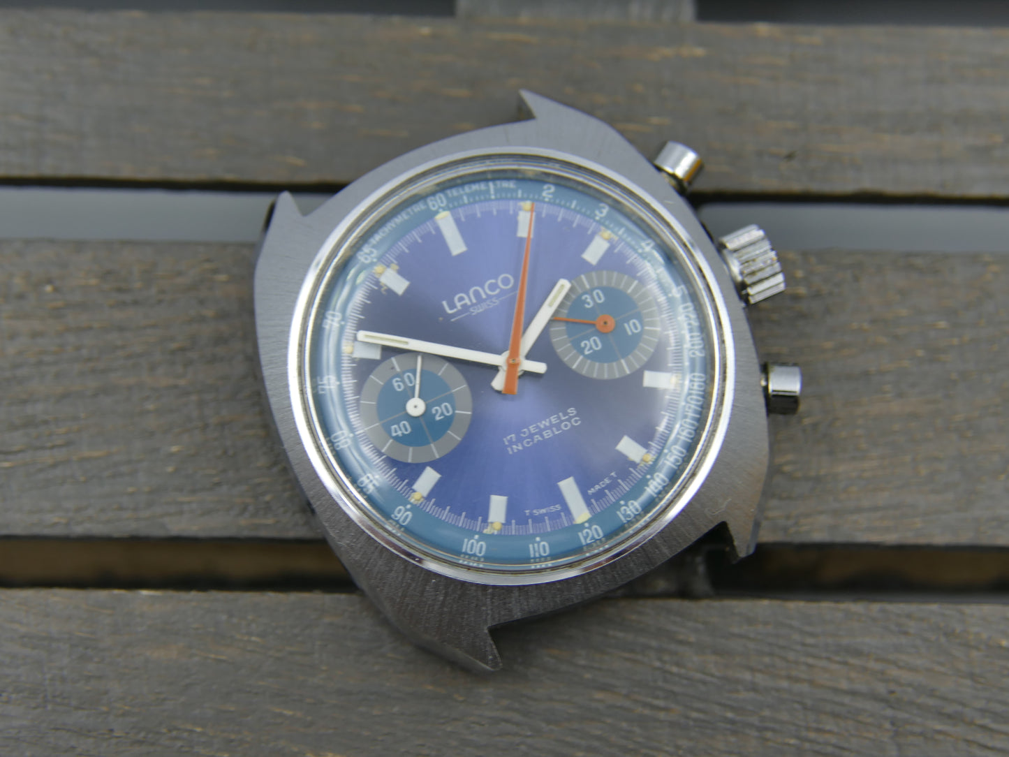 70's vintage watch mens Lanco chronograph valjoux 7733 MINT rare blue dial