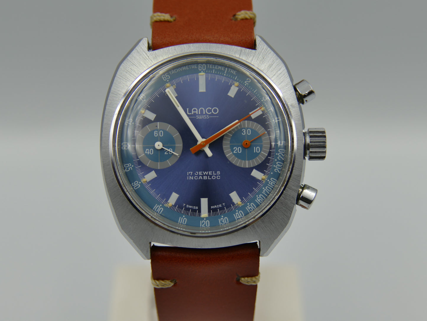 70's vintage watch mens Lanco chronograph valjoux 7733 MINT rare blue dial