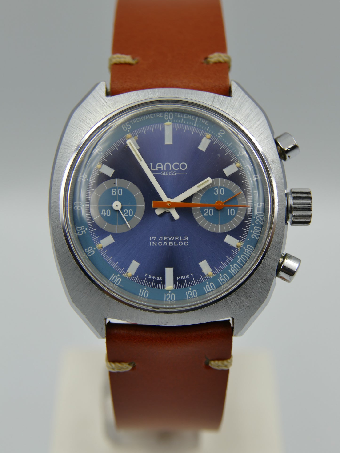 70's vintage watch mens Lanco chronograph valjoux 7733 MINT rare blue dial