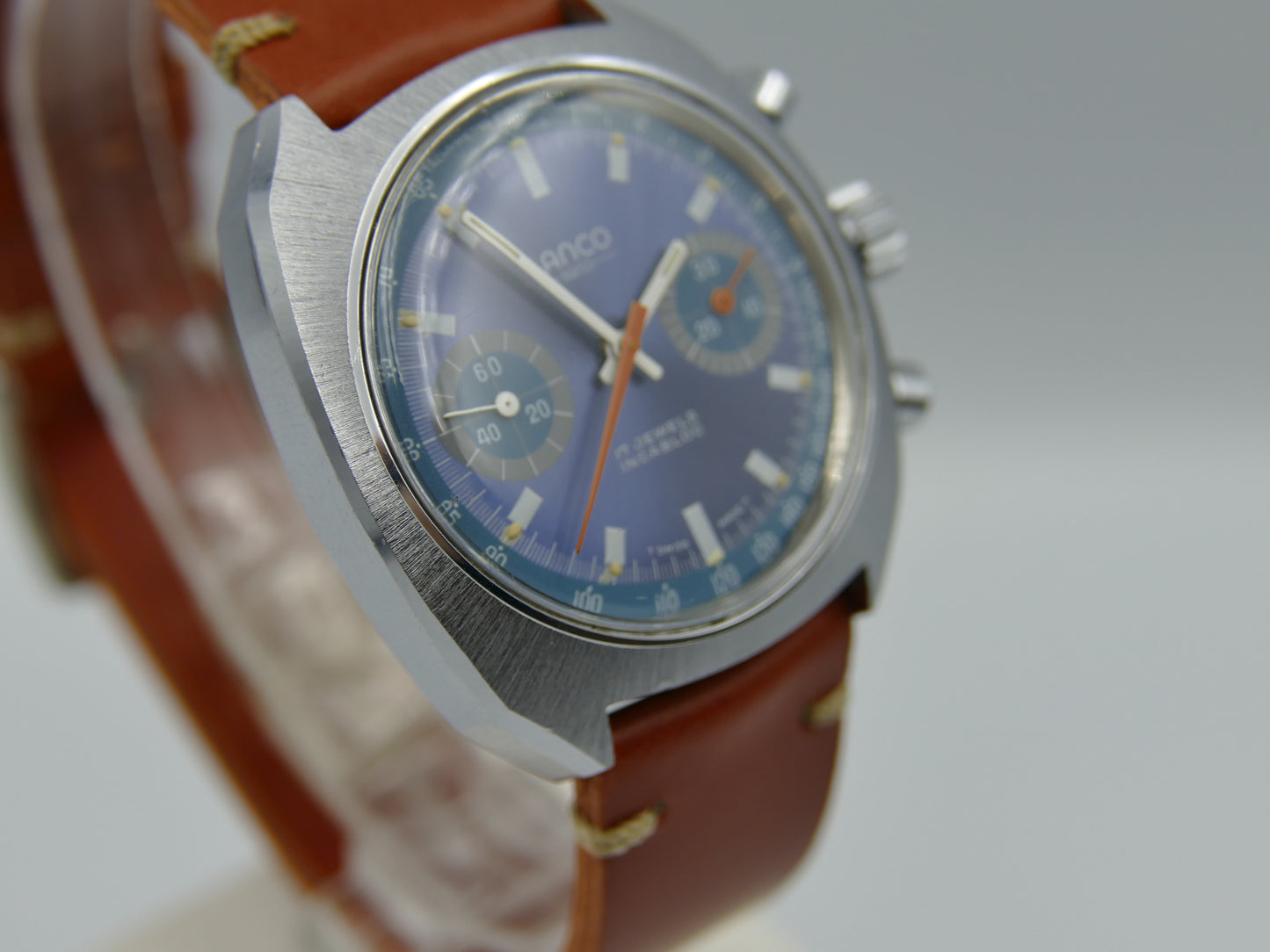 70's vintage watch mens Lanco chronograph valjoux 7733 MINT rare blue dial