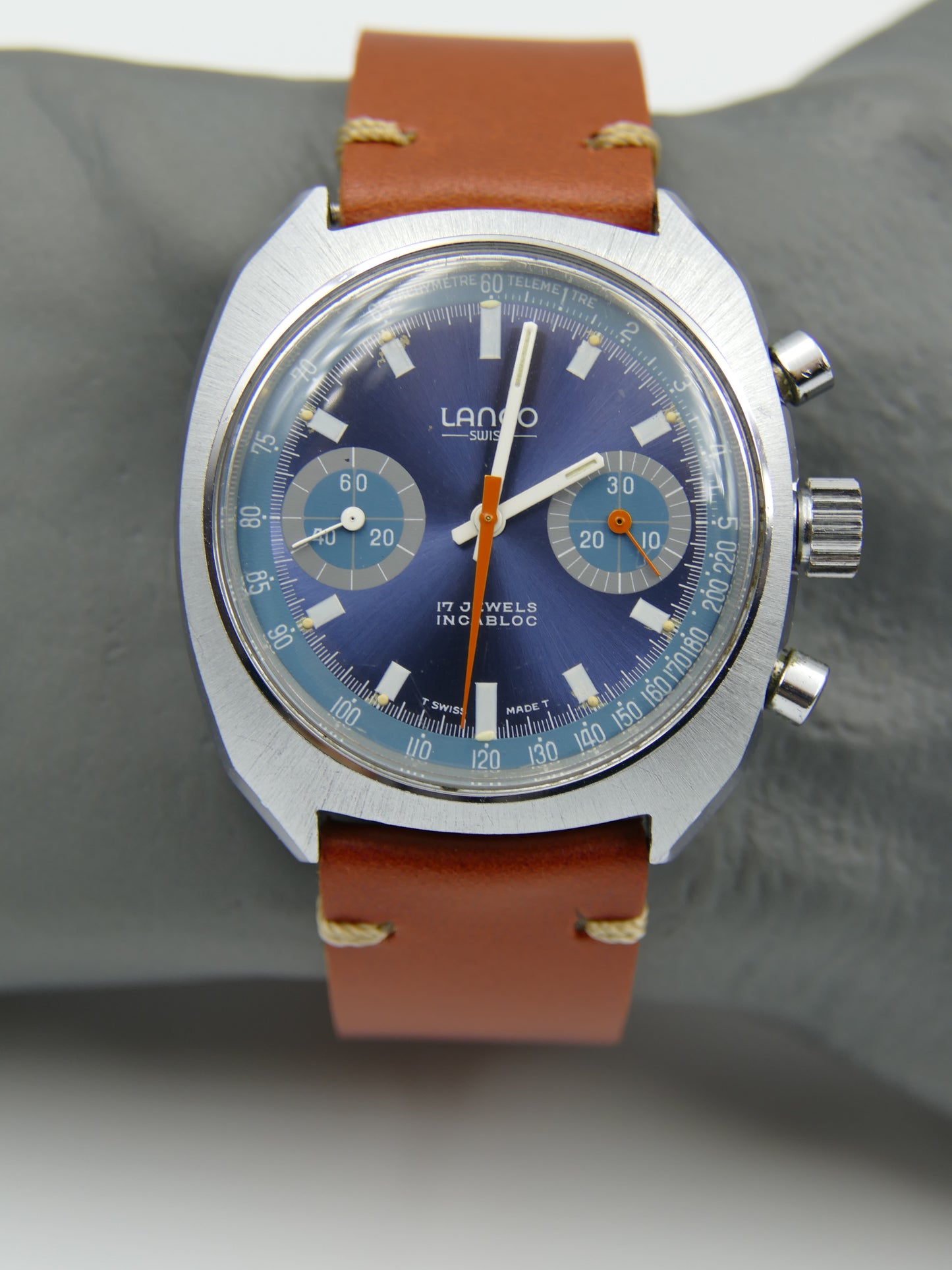 70's vintage watch mens Lanco chronograph valjoux 7733 MINT rare blue dial