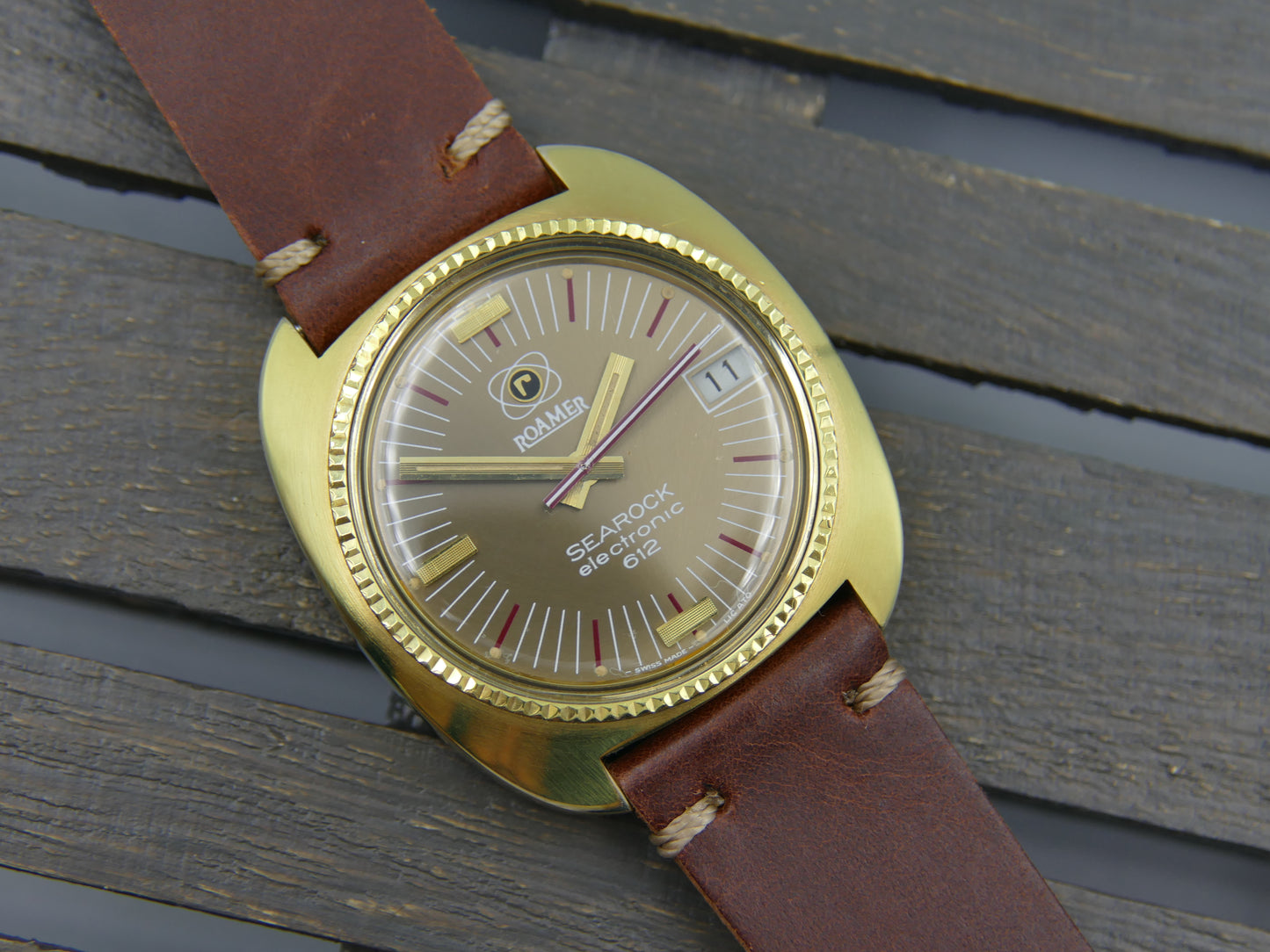 70's vintage watch mens Roamer Searock electronic 612 gold PL MOD. 916-1230-612