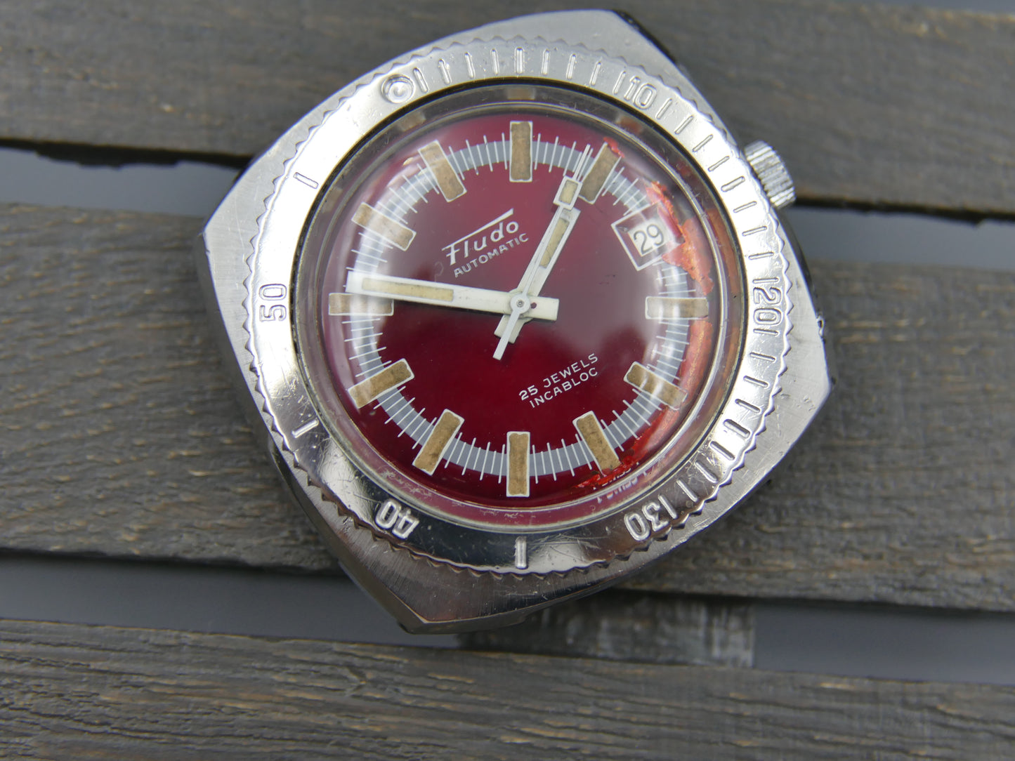 70's vintage watch mens diver plongee Fludo automatic ETA 2782 red dial steel 39