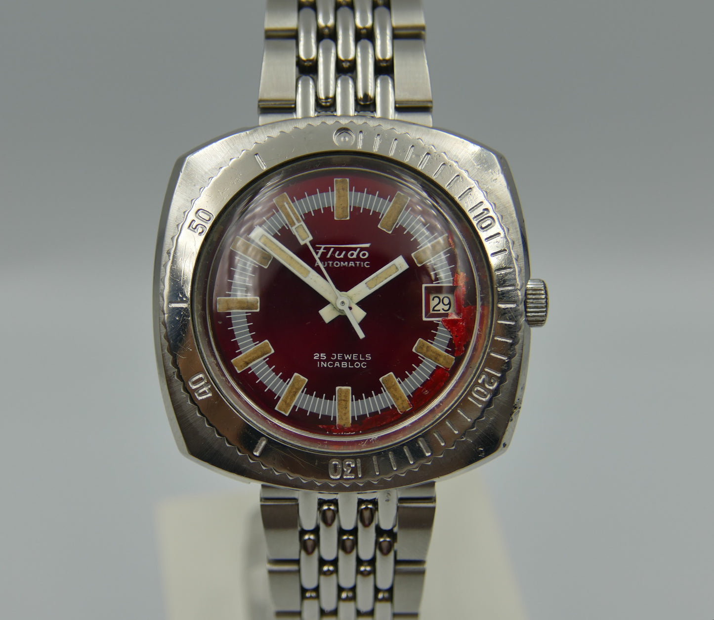 70's vintage watch mens diver plongee Fludo automatic ETA 2782 red dial steel 39