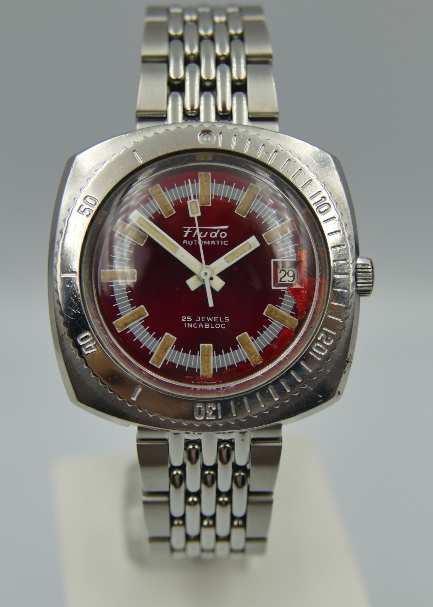 70's vintage watch mens diver plongee Fludo automatic ETA 2782 red dial steel 39