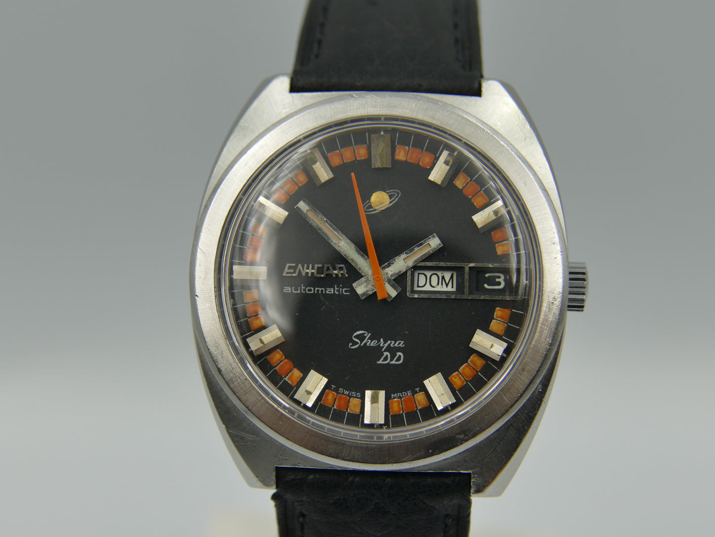 70's vintage watch mens Enicar Sherpa DD black automatic AR 167 147-01-20 steel